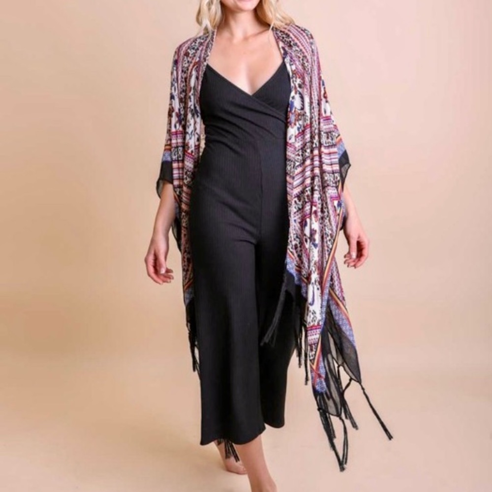 Bohemian Fringe Kimono Wrap Coverup With Armholes